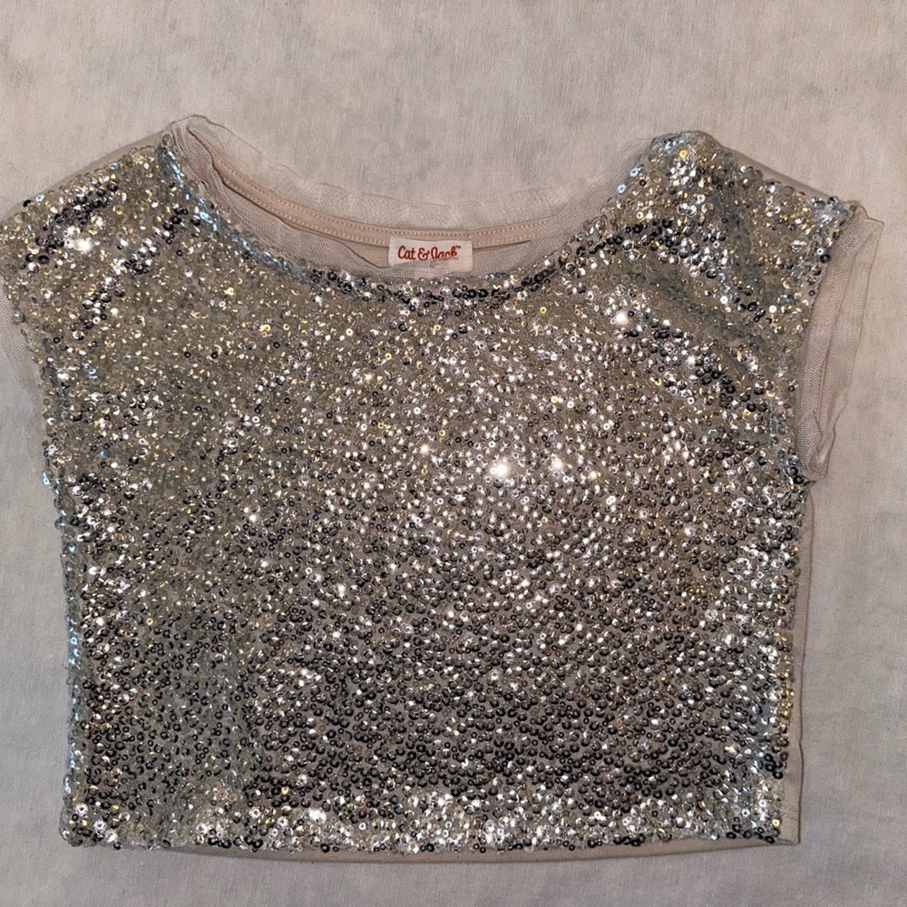 Cat & Jack Silver Sequin Short Sleeve Tee